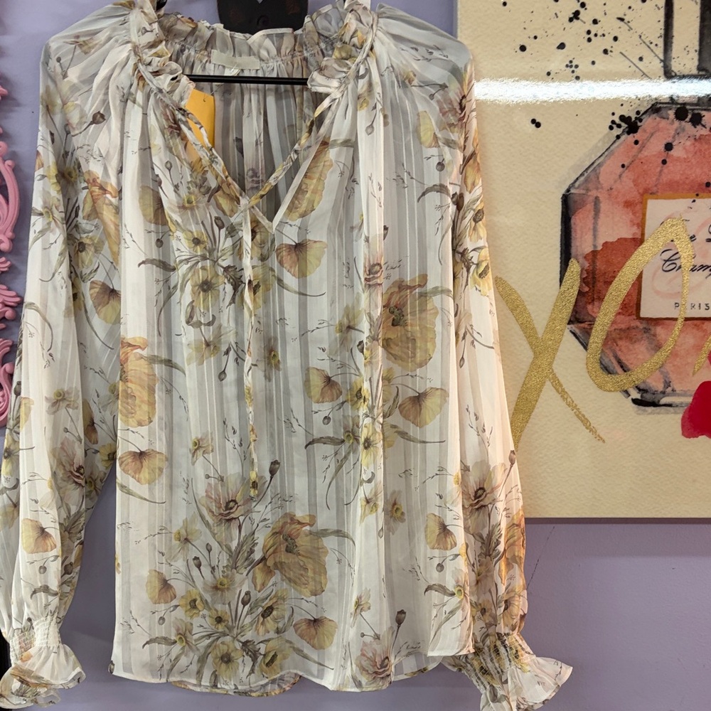 H&M Cream Sheer Floral Tie-Neck Blouse with Yellow Accents